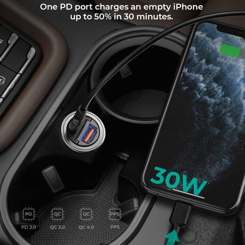 Alimentator Smartphone auto Aukey, CC-A3, 30W, fast charge, alimentare bricheta, 1 x USB-C, 1 x USB-A, negru, 