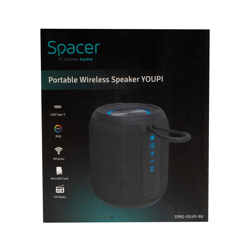 BOXA SPACER portabila bluetooth, YOUPI-BK, RMS:  6W, RGB, acumulator 1800mAh, timp de functionare pana la 5 ore, pana la 10m, AUX, FM radio, microSD, incarcare USB Type-C, IPX5, BLACK, 