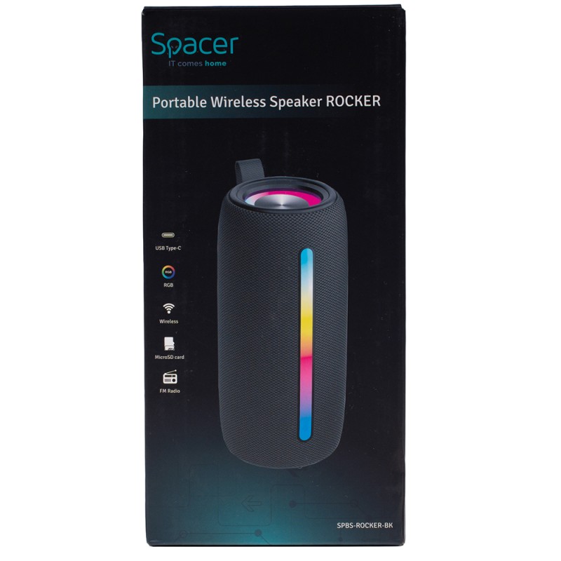 BOXA SPACER portabila bluetooth, ROCKER-BK, RMS: 10W (5W x 2), RGB, acumulator 1800mAh, timp de functionare pana la 5 ore, pana la 10m, AUX, FM radio, microSD, USB, incarcare USB Type-C, BLACK, 