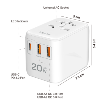ALIMENTATOR retea 220V LOGILINK, universal, 1 x USB-C,  2 x USB-A, maxim 12V/1.67A, PD 20W, suport OCP/OVP/OHP/SCP, compatibil EU/AUS/US/UK, alb, 