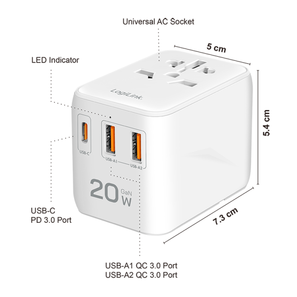ALIMENTATOR retea 220V LOGILINK, universal, 1 x USB-C,  2 x USB-A, maxim 12V/1.67A, PD 20W, suport OCP/OVP/OHP/SCP, compatibil EU/AUS/US/UK, alb, 