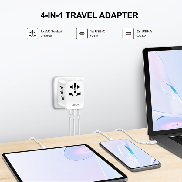 ALIMENTATOR retea 220V LOGILINK, universal, 1 x USB-C,  2 x USB-A, maxim 12V/1.67A, PD 20W, suport OCP/OVP/OHP/SCP, compatibil EU/AUS/US/UK, alb, 