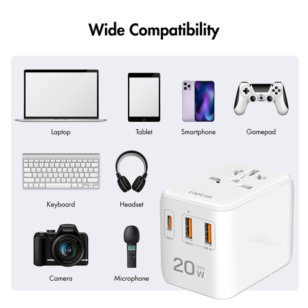 ALIMENTATOR retea 220V LOGILINK, universal, 1 x USB-C,  2 x USB-A, maxim 12V/1.67A, PD 20W, suport OCP/OVP/OHP/SCP, compatibil EU/AUS/US/UK, alb, 