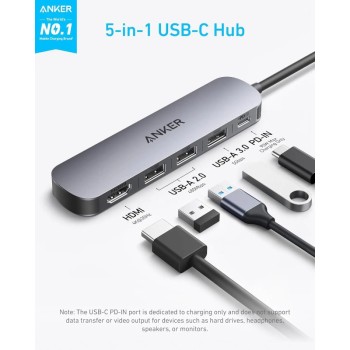 DOCKING Station Anker 5-in-1, porturi: 1 x USB-C, 3 x USB-A, 1 x HDMI 4K la 30Hz, PD 90W, conectare prin USB-C, gri, 