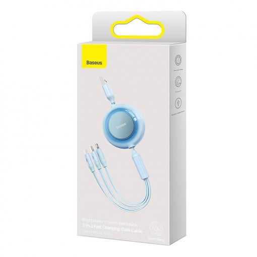 CABLU alimentare si date Baseus Bright Mirror 2, retractabil 3-in-1, pt smartphone,USB la Micro-USB+Lightning + USB Type-C 3.5A, 1.1m, albastru 