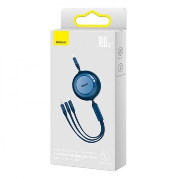 CABLU alimentare si date Baseus Bright Mirror 2, retractabil 3-in-1, pt smartphone,USB Type-C la Micro-USB + Lightning + USB Type-C 100W, 1.1m, albastru 