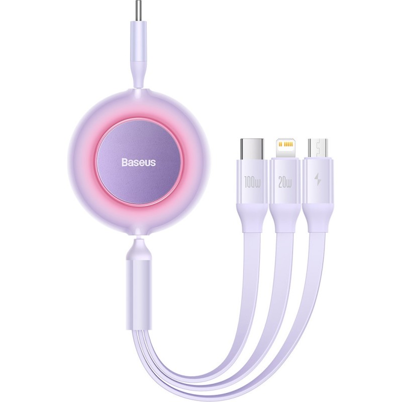 CABLU alimentare si date Baseus Bright Mirror 2, retractabil 3-in-1, pt smartphone,USB Type-C la Micro-USB + Lightning + USB Type-C 100W, 1.1m, violet 