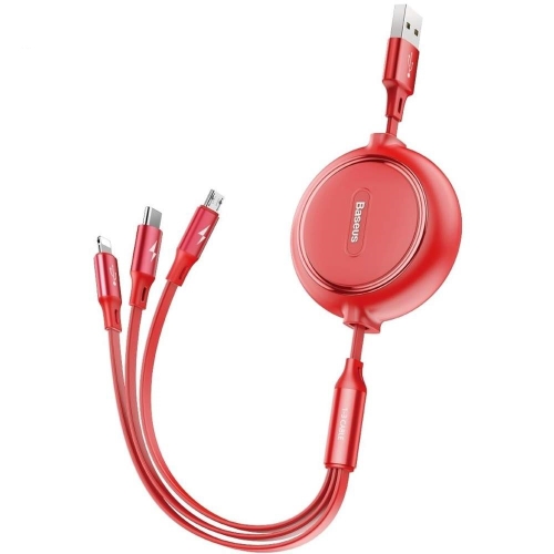 CABLU alimentare si date Baseus Golden Loop, retractabil 3-in-1, pt smartphone,USB la Micro-USB + Lightning + USB Type-C 3.5, 1.2m, rosu 