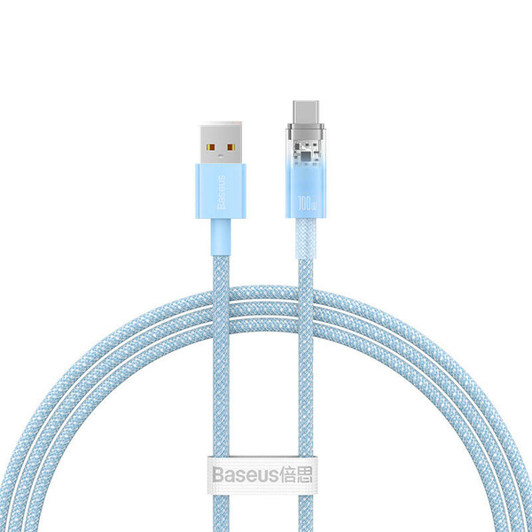 CABLU alimentare si date Baseus Explorer, Fast Charging Data Cable pt. smartphone, USB la USB Type-C 100W, senzor de temperatura, braided, 2m, albastru 