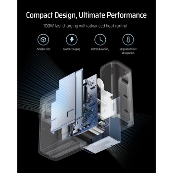 INCARCATOR retea Cuktech 2C1A Quick Charge 100W, 2 x USB Type-C Output, 1 x USB Output, include cablu USB Type-C la USB Type-C 1m, gri 