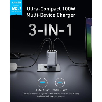 Alimentator retea Anker, Prime GaN, 100W, power delivery, power IQ, 2 x USB-C, 1 x USB-A, gri, 