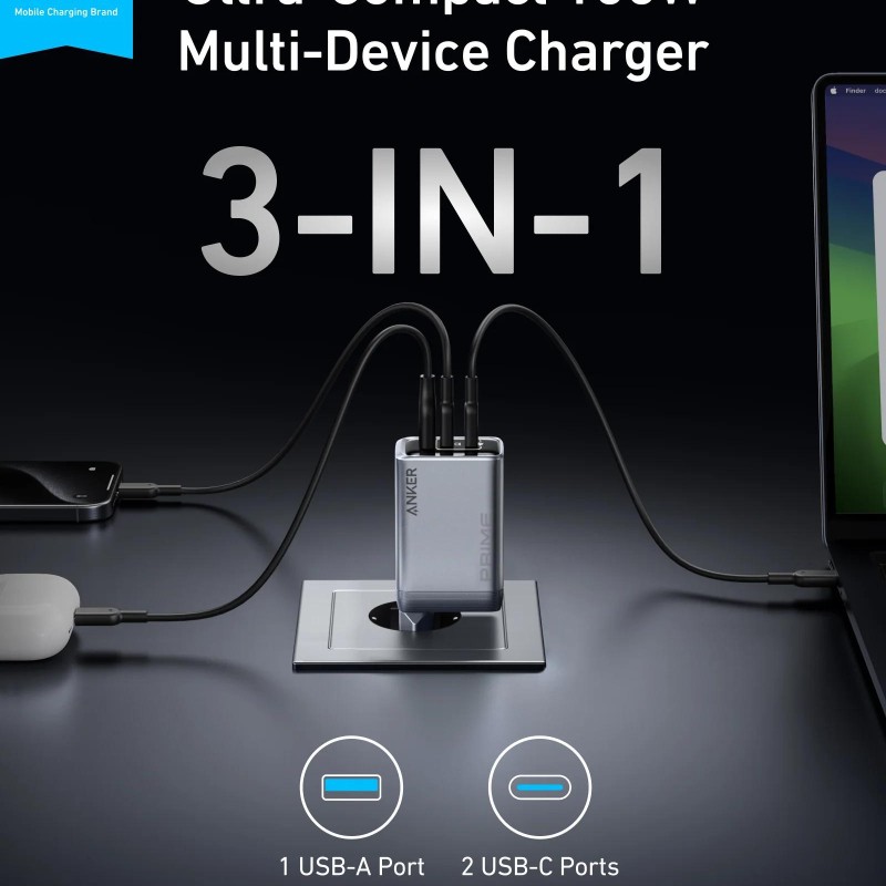 Alimentator retea Anker, Prime GaN, 100W, power delivery, power IQ, 2 x USB-C, 1 x USB-A, gri, 