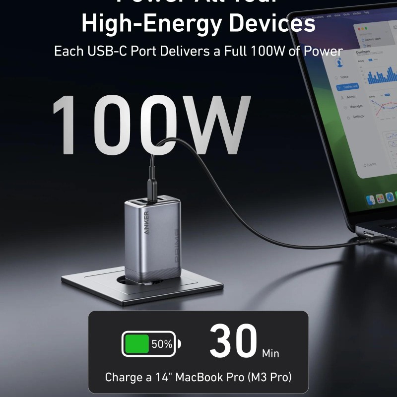 Alimentator retea Anker, Prime GaN, 100W, power delivery, power IQ, 2 x USB-C, 1 x USB-A, gri, 