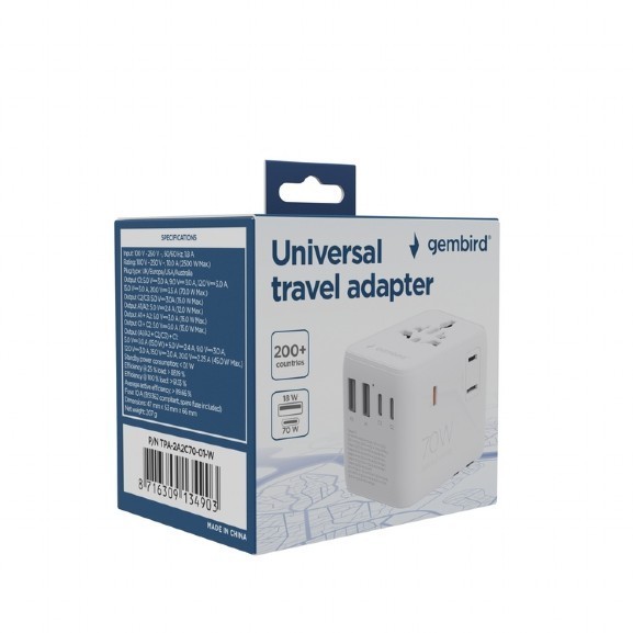 ADAPTOR GEMBIRD, universal, conectori: US/UK/EU/AU, 2x USB Type-C PD 70W, 2x USB-A 15W, siguranta 10A, max. 2500W, alb, 