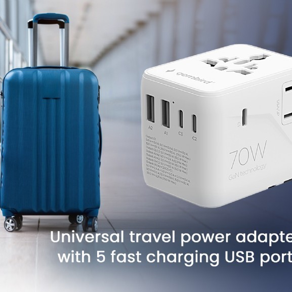 ADAPTOR GEMBIRD, universal, conectori: US/UK/EU/AU, 2x USB Type-C PD 70W, 2x USB-A 15W, siguranta 10A, max. 2500W, alb, 