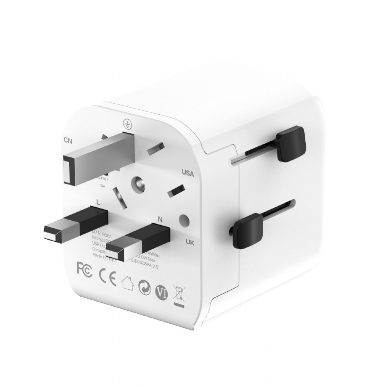 ADAPTOR GEMBIRD, universal, EU la conectori: US/UK/CN/AU, cu impamantare, 1x Schuko, 2x USB-A 12W, siguranta 10A, max. 2500W, alb, 