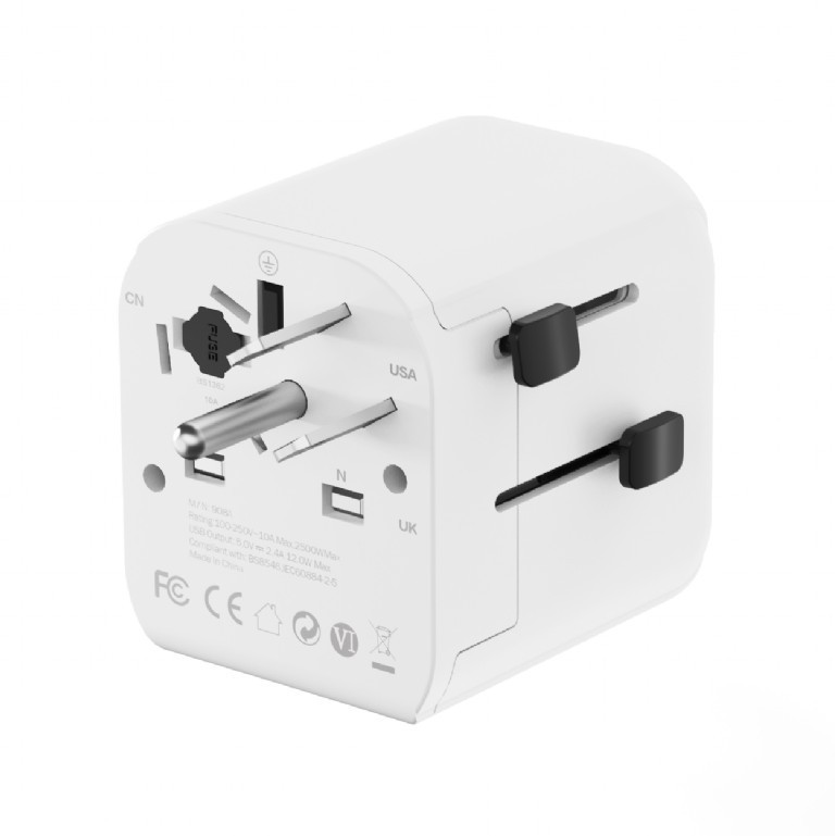ADAPTOR GEMBIRD, universal, EU la conectori: US/UK/CN/AU, cu impamantare, 1x Schuko, 2x USB-A 12W, siguranta 10A, max. 2500W, alb, 