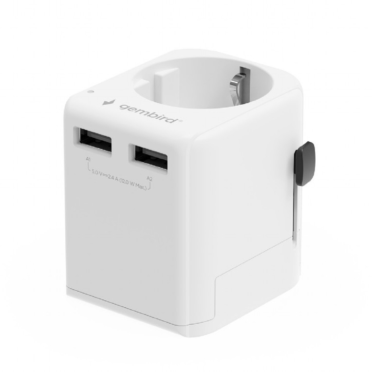ADAPTOR GEMBIRD, universal, EU la conectori: US/UK/CN/AU, cu impamantare, 1x Schuko, 2x USB-A 12W, siguranta 10A, max. 2500W, alb, 
