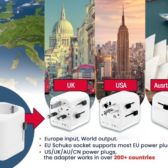 ADAPTOR GEMBIRD, universal, EU la conectori: US/UK/CN/AU, cu impamantare, 1x Schuko, 2x USB-A 12W, siguranta 10A, max. 2500W, alb, 