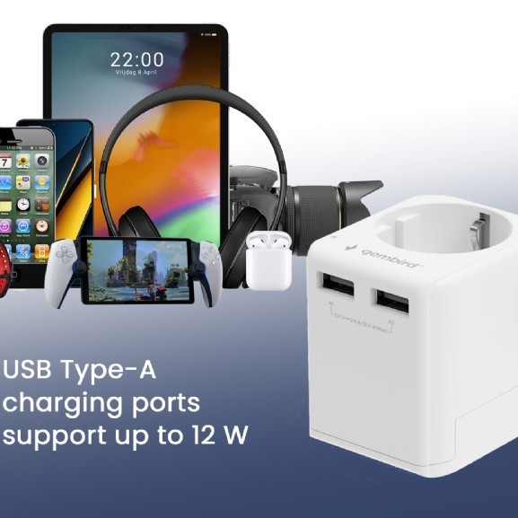 ADAPTOR GEMBIRD, universal, EU la conectori: US/UK/CN/AU, cu impamantare, 1x Schuko, 2x USB-A 12W, siguranta 10A, max. 2500W, alb, 