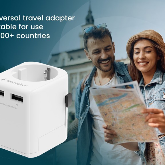 ADAPTOR GEMBIRD, universal, EU la conectori: US/UK/CN/AU, cu impamantare, 1x Schuko, 2x USB-A 12W, siguranta 10A, max. 2500W, alb, 