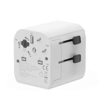 ADAPTOR GEMBIRD, universal, EU la conectori: US/UK/CN/AU, cu impamantare, 1x Schuko, 2x USB-A 12W, siguranta 10A, max. 2500W, alb, 