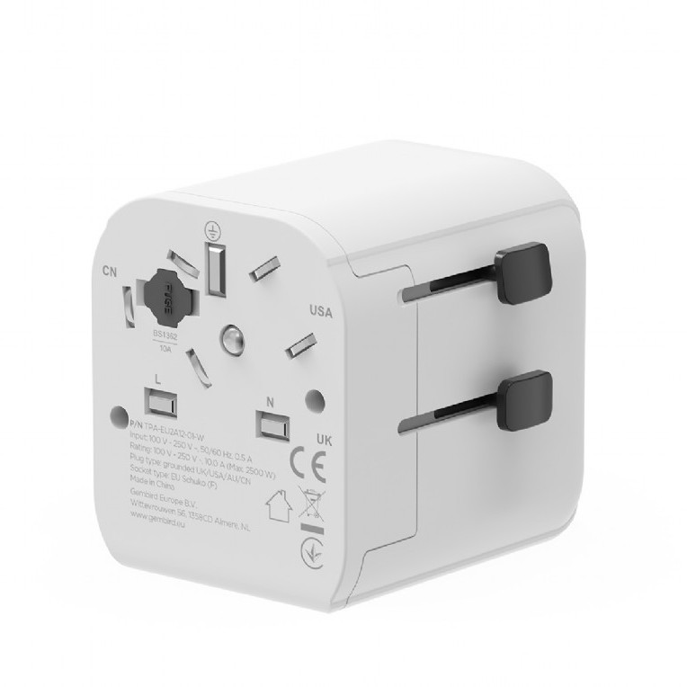 ADAPTOR GEMBIRD, universal, EU la conectori: US/UK/CN/AU, cu impamantare, 1x Schuko, 2x USB-A 12W, siguranta 10A, max. 2500W, alb, 