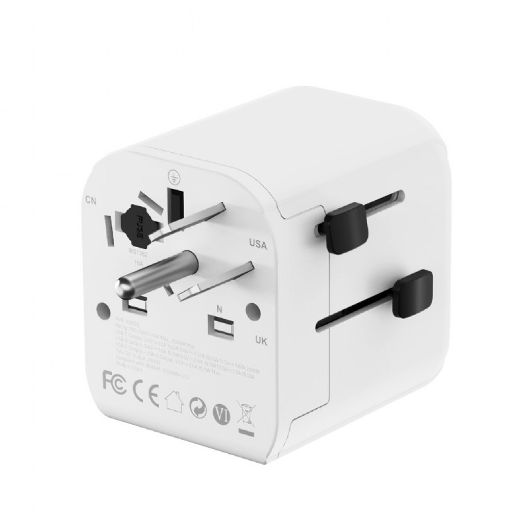 ADAPTOR GEMBIRD, universal, EU la conectori: US/UK/CN/AU, cu impamantare, 1x Schuko, 1x USB Type-C PD 20W, 1x USB-A QC 18W, siguranta 10A, max. 2500W, alb, 