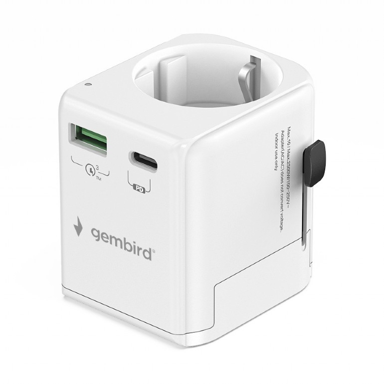 ADAPTOR GEMBIRD, universal, EU la conectori: US/UK/CN/AU, cu impamantare, 1x Schuko, 1x USB Type-C PD 20W, 1x USB-A QC 18W, siguranta 10A, max. 2500W, alb, 