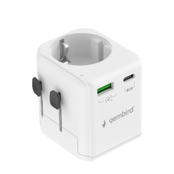 ADAPTOR GEMBIRD, universal, EU la conectori: US/UK/CN/AU, cu impamantare, 1x Schuko, 1x USB Type-C PD 20W, 1x USB-A QC 18W, siguranta 10A, max. 2500W, alb, 