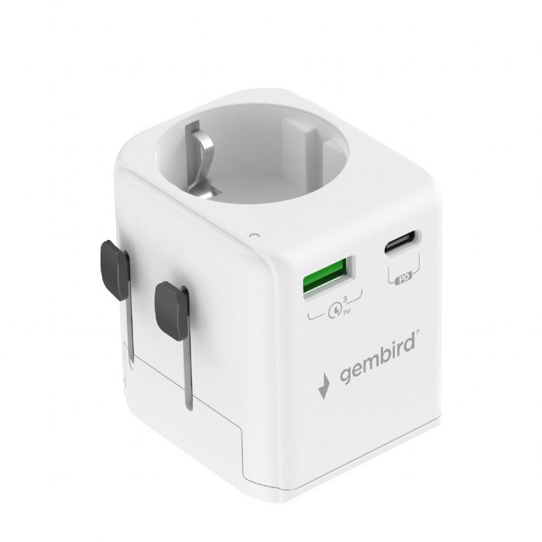 ADAPTOR GEMBIRD, universal, EU la conectori: US/UK/CN/AU, cu impamantare, 1x Schuko, 1x USB Type-C PD 20W, 1x USB-A QC 18W, siguranta 10A, max. 2500W, alb, 
