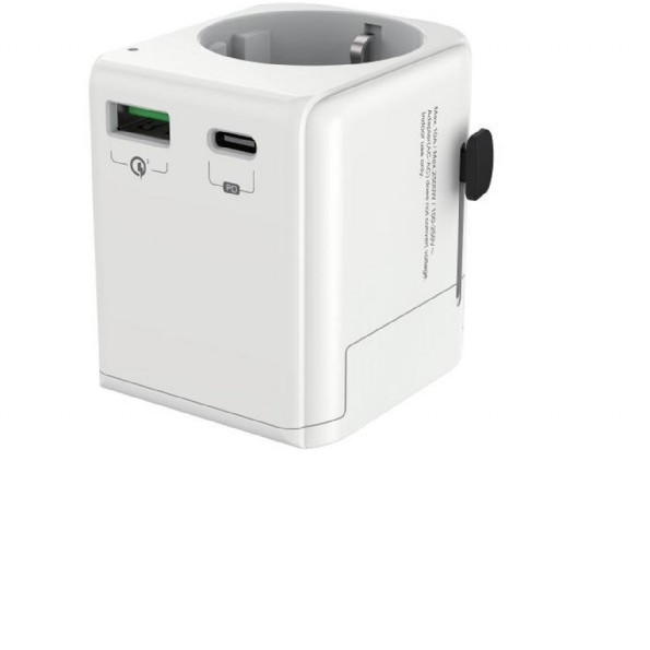 ADAPTOR GEMBIRD, universal, EU la conectori: US/UK/CN/AU, cu impamantare, 1x Schuko, 1x USB Type-C PD 20W, 1x USB-A QC 18W, siguranta 10A, max. 2500W, alb, 