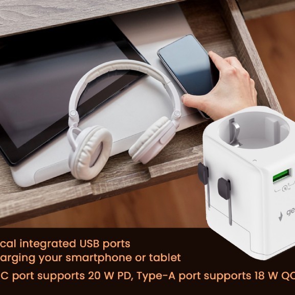 ADAPTOR GEMBIRD, universal, EU la conectori: US/UK/CN/AU, cu impamantare, 1x Schuko, 1x USB Type-C PD 20W, 1x USB-A QC 18W, siguranta 10A, max. 2500W, alb, 