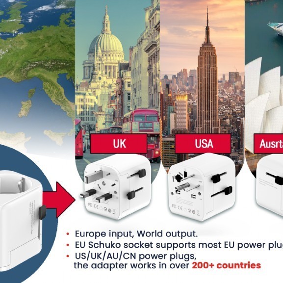 ADAPTOR GEMBIRD, universal, EU la conectori: US/UK/CN/AU, cu impamantare, 1x Schuko, 1x USB Type-C PD 20W, 1x USB-A QC 18W, siguranta 10A, max. 2500W, alb, 