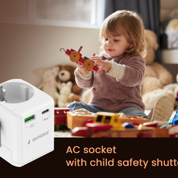 ADAPTOR GEMBIRD, universal, EU la conectori: US/UK/CN/AU, cu impamantare, 1x Schuko, 1x USB Type-C PD 20W, 1x USB-A QC 18W, siguranta 10A, max. 2500W, alb, 
