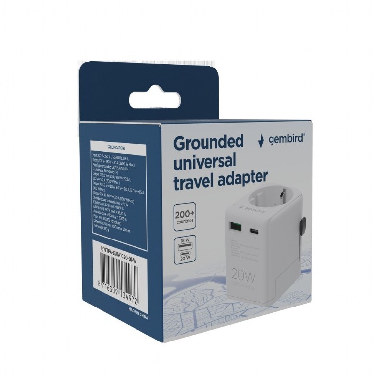 ADAPTOR GEMBIRD, universal, EU la conectori: US/UK/CN/AU, cu impamantare, 1x Schuko, 1x USB Type-C PD 20W, 1x USB-A QC 18W, siguranta 10A, max. 2500W, alb, 