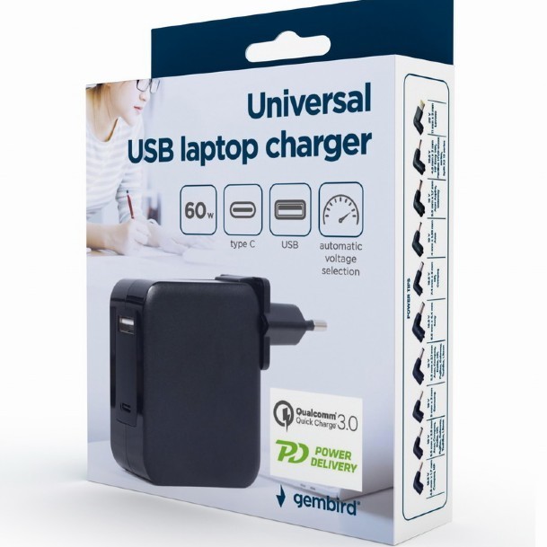 ALIMENTATOR Notebook Universal AC-DC, GEMBIRD, 60W - tensiuni 5V-20V DC la 4.5 A max, 1x USB-A + 1x USB Type-C, conectori M4/M5/M6/M7/M8/M12/M19/M20/M21/M28, cablu 1.5m, negru, 