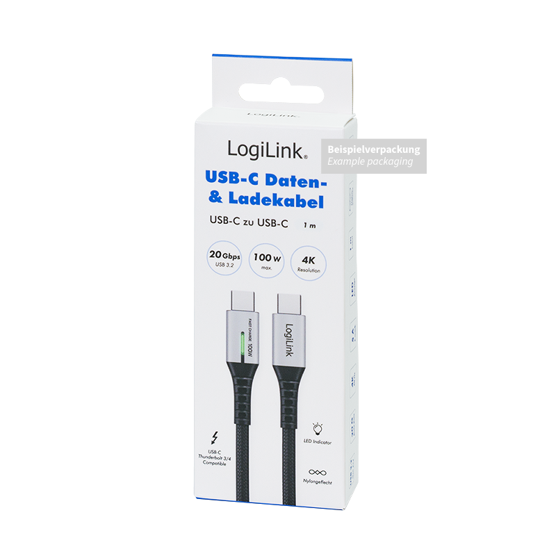 CABLU alimentare si date LOGILINK, pt. smartphone, USB 3.2, USB Gen Type-C (T) la USB Type-C (T), 1m, PD 100W, 4K, LED, 3 x ecranat, 20Gbps, metal, , negru&gri, 