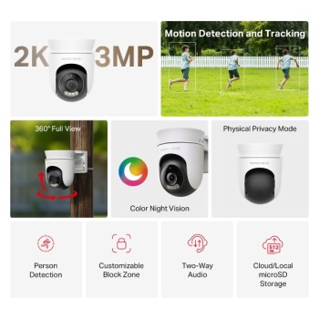 CAMERA IP Mercusys, wireless, cube, pt. exterior IP65, vedere pan tilt 360°, dist. IR 9 m, tip lentila fixa 4 mm, rezolutie 2K, microfon, carcasa metal, slot SD card, 
