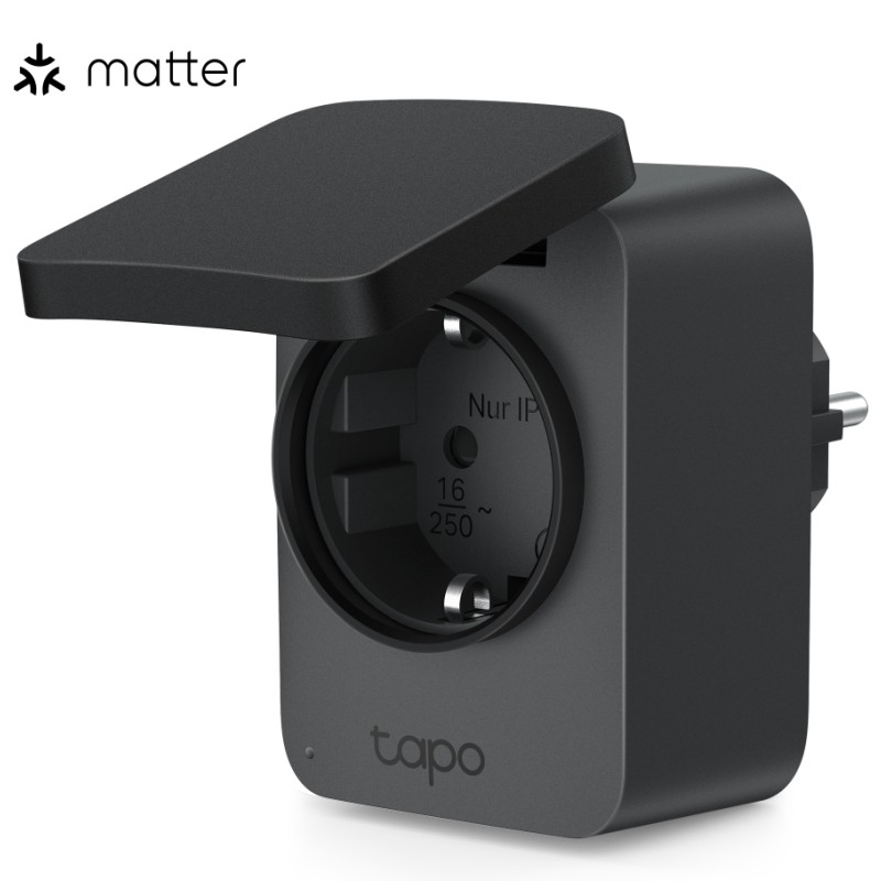 PRIZA inteligenta TP-LINK exterior, design compact, certificare Matter, Schuko x 1, cu monitorizarea energiei, conectare prin Schuko (T), 16 A, programare prin smartph, BT, WiFi, negru 