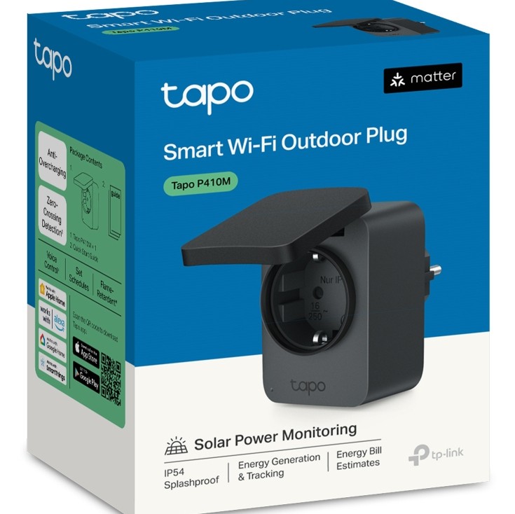 PRIZA inteligenta TP-LINK exterior, design compact, certificare Matter, Schuko x 1, cu monitorizarea energiei, conectare prin Schuko (T), 16 A, programare prin smartph, BT, WiFi, negru 