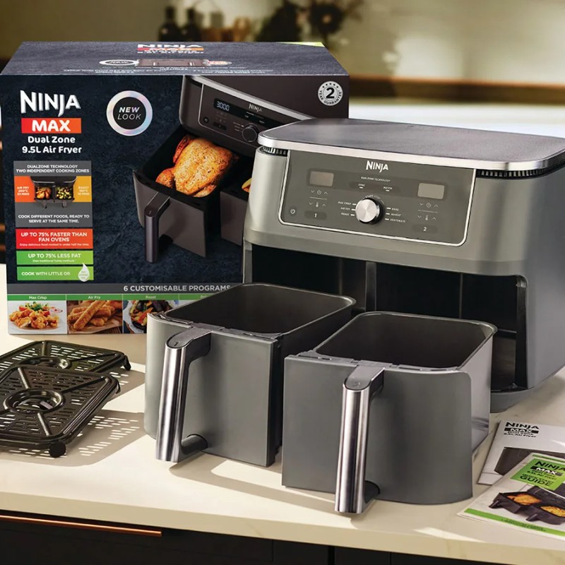 Friteuza cu aer cald Ninja Foodi Pro DualZone DZ400, 9.5 L, 6 functii (Gri) 