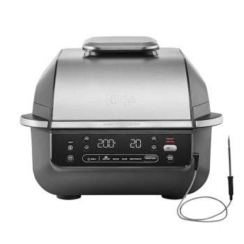 Gratar electric si airfryer Ninja Foodi AirGrill EG351EU, 1760 W, functie friteuza aer cald, 5 functii, 40°- 265°C, display digital, invelis ceramic, termometru digital (Negru/Argintiu) 