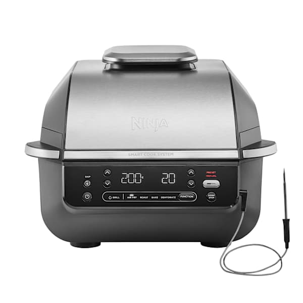 Gratar electric si airfryer Ninja Foodi AirGrill EG351EU, 1760 W, functie friteuza aer cald, 5 functii, 40°- 265°C, display digital, invelis ceramic, termometru digital (Negru/Argintiu) 