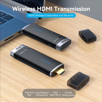 Transmitator video Vention, HDMI(T) USB-C(T), transmite semnal video la max 50m, rezolutie 1080p la 60Hz, 5GHz, include 2 x Cablu USB-C 1m si 1 x Cablu prelungitor HDM 0.2m, negru, 