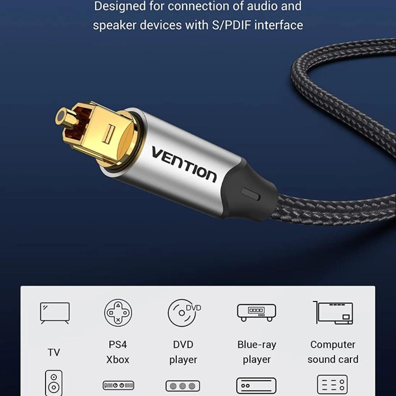 Cablu optic audio Vention, S/PDIF (T) la S/PDIF (T), 5.1 canale, 1.5m, conectori auriti, gri, 
