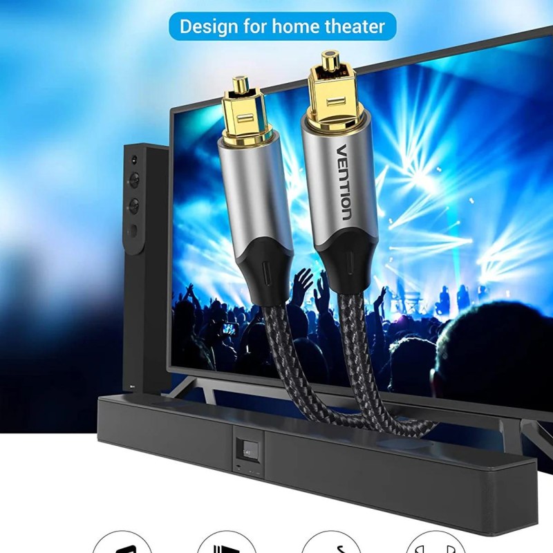Cablu optic audio Vention, S/PDIF (T) la S/PDIF (T), 5.1 canale, 1.5m, conectori auriti, gri, 