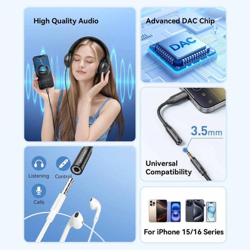 Adaptor audio Vention, USB-C (T) la Jack 3.5mm (M), 0.1m, PVC, negru, 