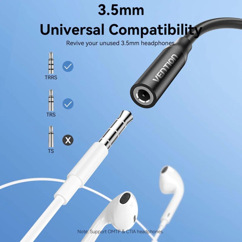 Adaptor audio Vention, USB-C (T) la Jack 3.5mm (M), 0.1m, PVC, negru, 