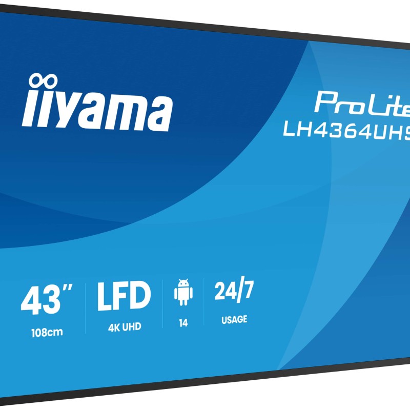IIYAMA LFD LH4364UHS-B1AG 43 UHD VA 3840 x 2160 60Hz 500 cd 4000:1 6.5ms Android 14OS iiSignage2 (CMS/DMS), iiShare, iiControl, Landscape and Portrait, Speakers 2x 10W, 2x HDMI, 1x USB-C, 15W PD, USB 2.0 x2, WiFi, LAN 